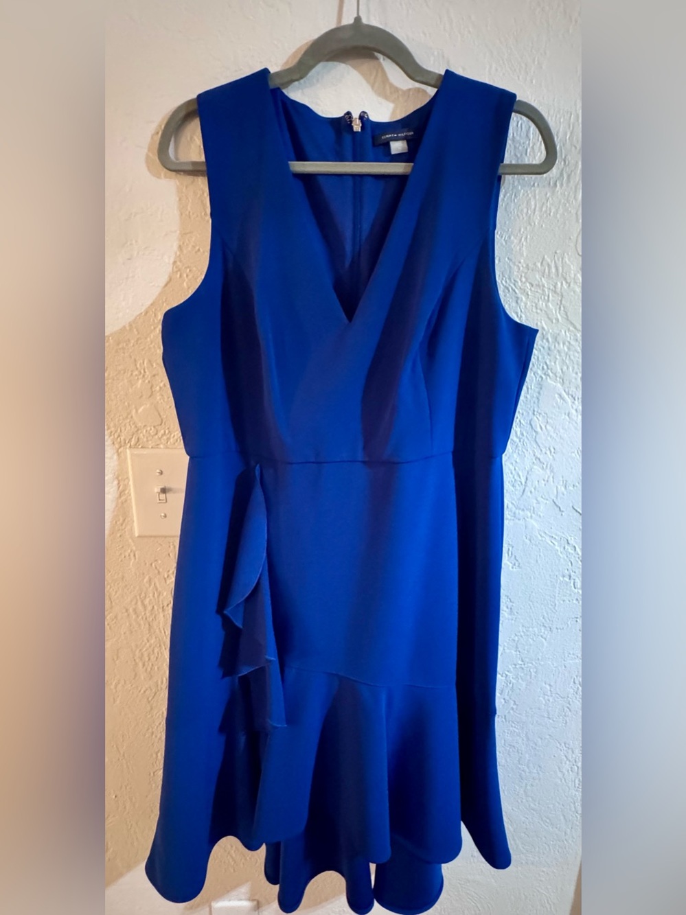 Tommy Hilfiger Royal Blue V-Neck Midi Dress with Ruffle Detail